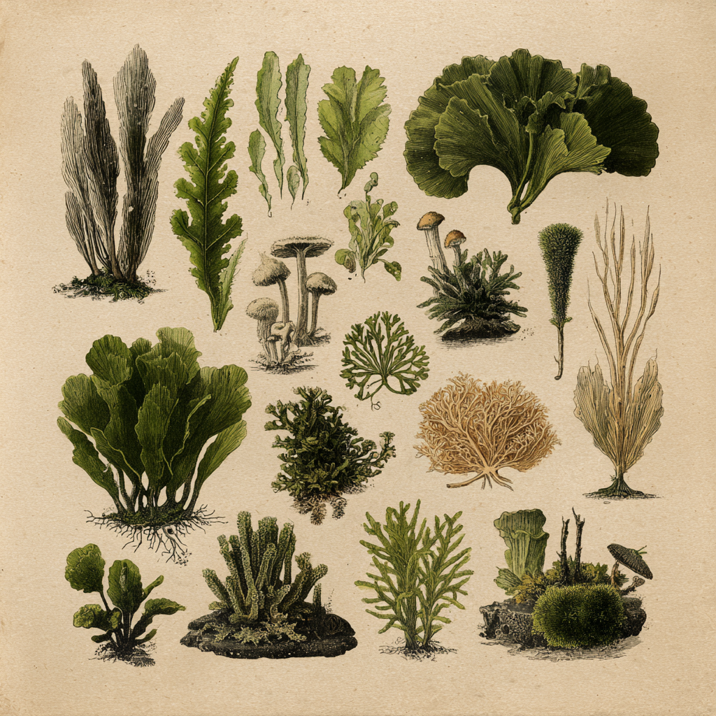 Vintage botanical illustration of moss varieties, lichens, seaweeds, and fungi showing natural textures and plant forms, ideal for learning about moss identification and botanical art.