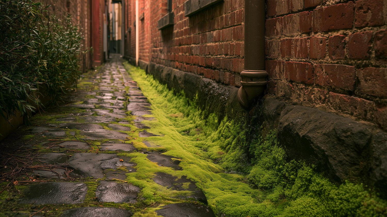 Moss growing along the seam where a bluestone laneway meets a red brick wall, fed by runoff from a cast iron downpipe