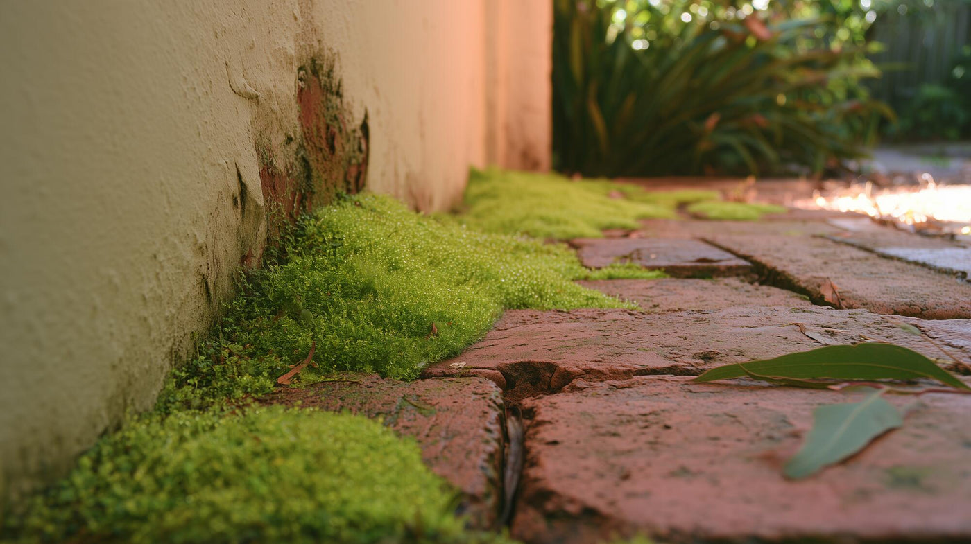 Moss growing where a garden path meets a shaded wall, with a fallen eucalyptus leaf on the bricks